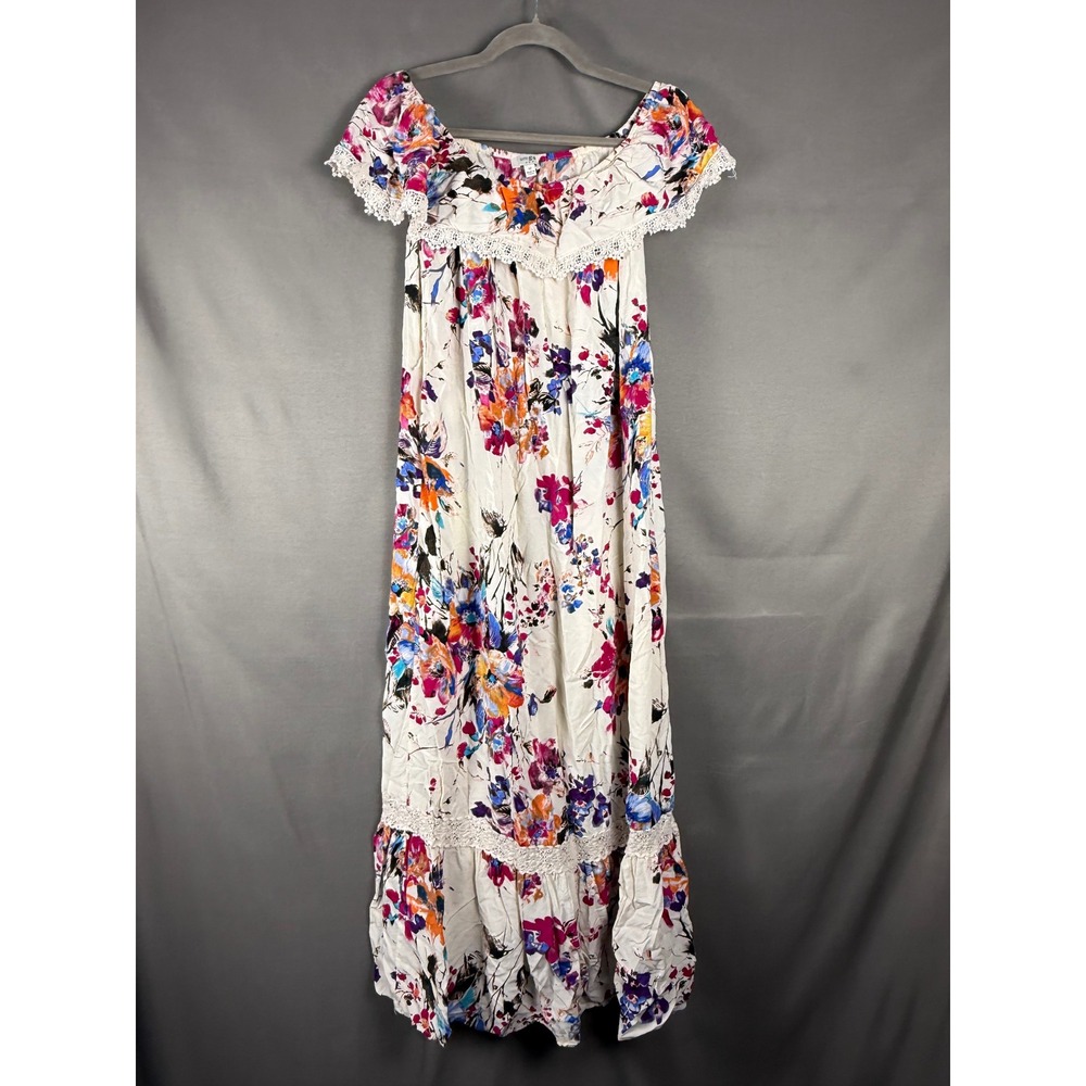 Umgee Maxi Dress Womens Medium Multicolor Floral Lace Trim Boho G0042